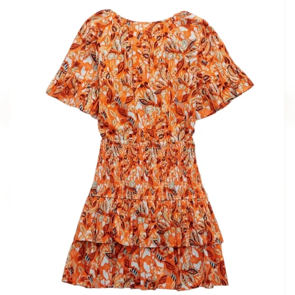 NWT Aerie Smocked Waist Mini Dress Orange Floral Tiered Ruffle Hem 100% Cotton M - Picture 5 of 16